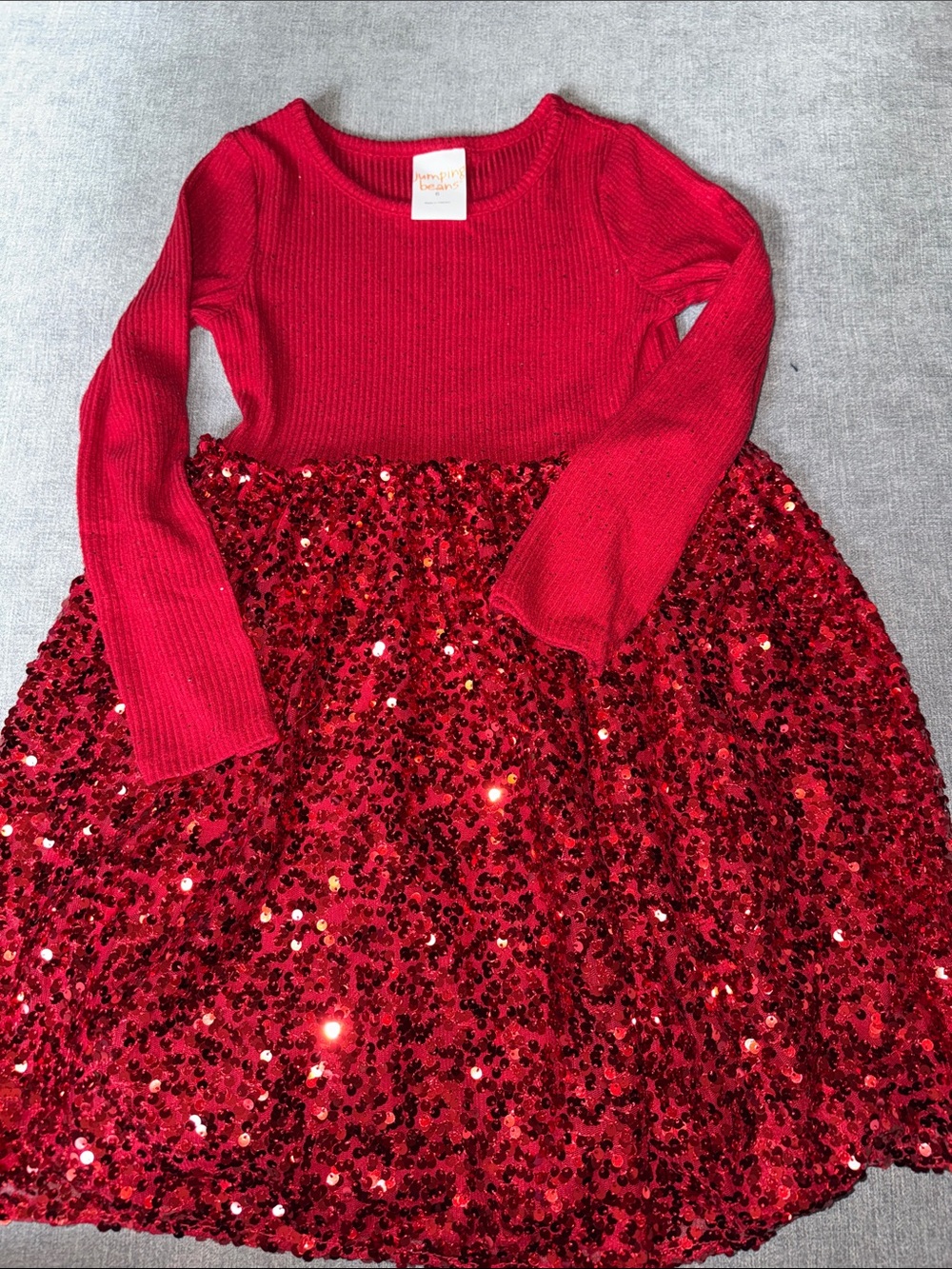 Girls Red Long-Sleeve Sequin Skirt Party Dress